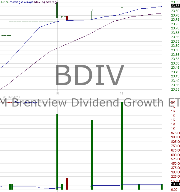BDIV - ETF Series Solutions AAM Brentview Dividend Growth 15 minute intraday candlestick chart ~15 minute delay