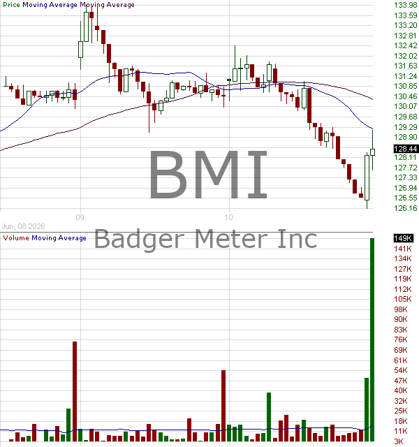 BMI - Badger Meter Inc. 15 minute intraday candlestick chart ~15 minute delay