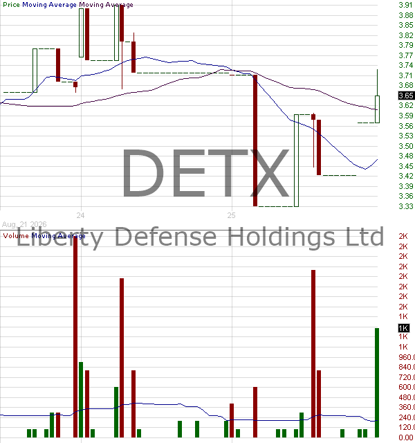 DETX - Liberty Defense Holdings Ltd. 15 minute intraday candlestick chart ~15 minute delay