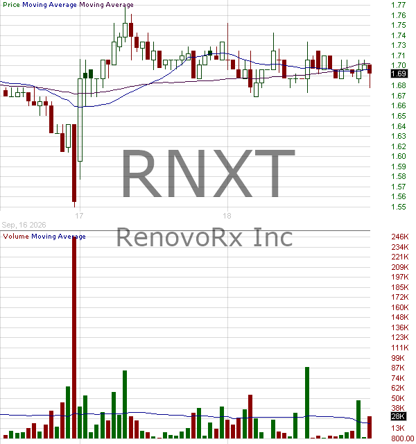 RNXT - RenovoRx Inc. 15 minute intraday candlestick chart ~15 minute delay