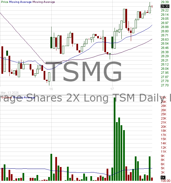 TSMG - Leverage Shares 2X Long TSM Daily ETF 15 minute intraday candlestick chart ~15 minute delay